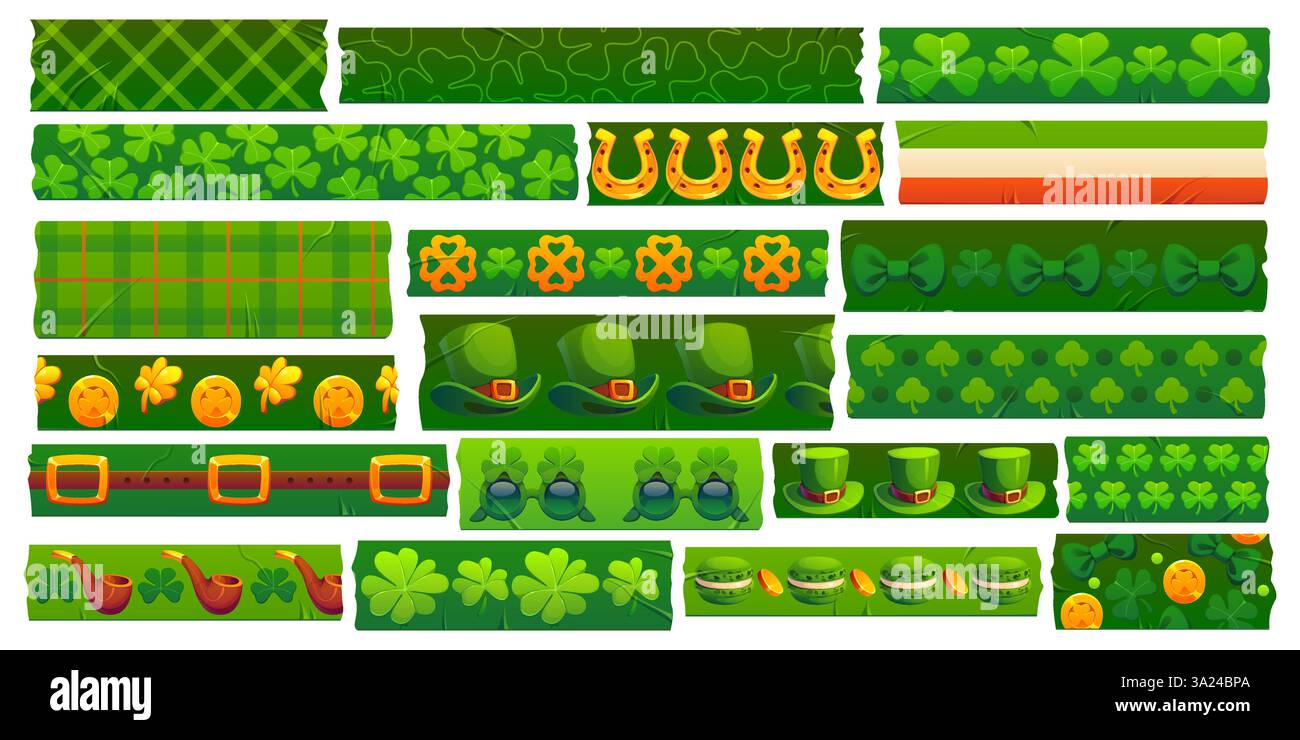 Nastro washi irlandese St Patrick per festeggiare i pezzi adesivi verdi, design senza cuciture vettoriali. Nastro in tessuto lavato St Patrick con motivo irlandese e irlandese di lepr Illustrazione Vettoriale