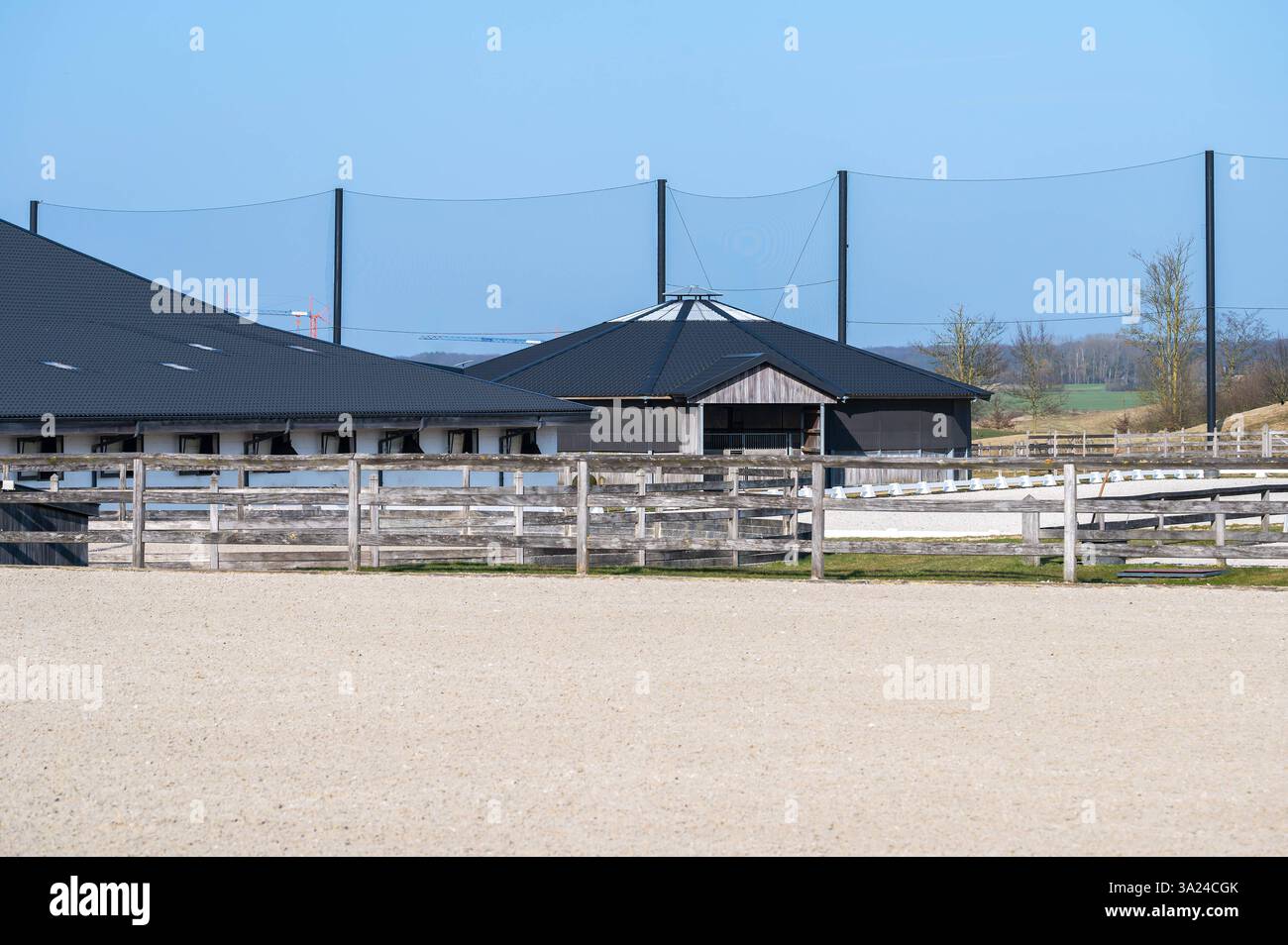 Sabbia bianca per l'addestramento dei cavalli presso le Scuderie dell'Upper East Side di Tervuren, regione del Brabante fiammingo, Belgio, 8 marzo 2025 Foto Stock