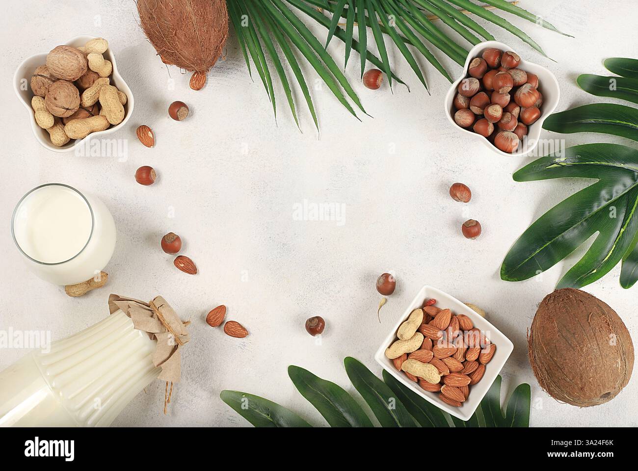 Latte vegano assortito privo di lattosio, cocco, noci, avena, mandorle, sostituto del latte, colazione sana con ingredienti, concetto nutrizionale naturale, mantenimento Foto Stock