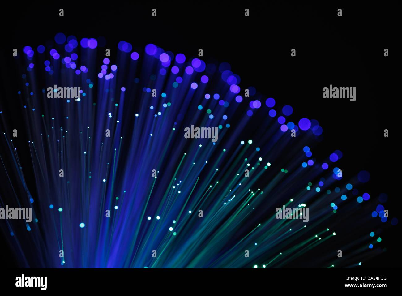Cavi in fibra ottica luminosi con luci bokeh blu e viola su sfondo scuro, che rappresentano Internet veloce, trasferimento dati e tecnologia Foto Stock