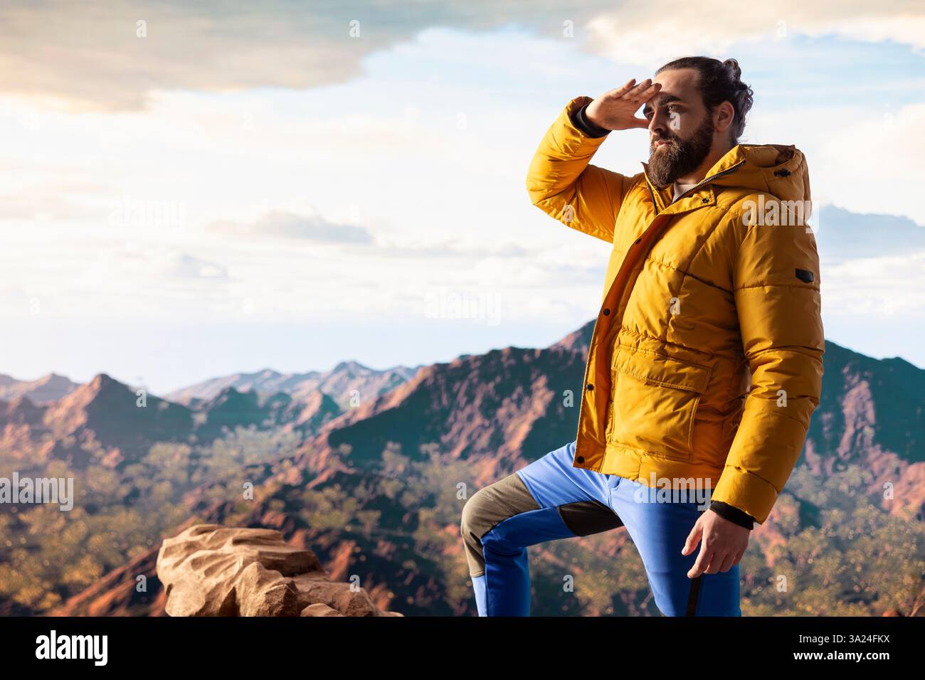 Ammira le spettacolari cime e nuvole delle montagne e ammira l'emozione dell'avventura e della perseveranza. Il viaggio rappresenta la forza e la crescita personale. Foto Stock