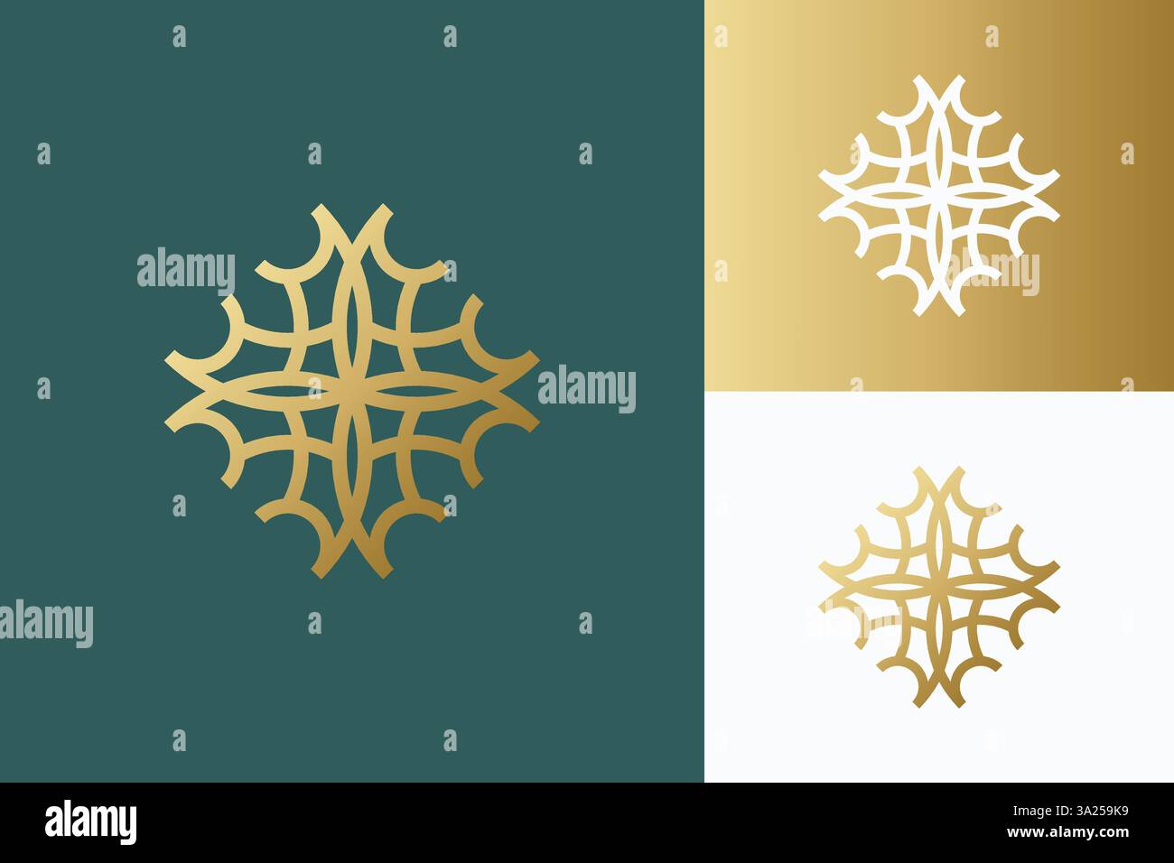 Marchio geometrico con logo Luxury Ornament, oro floreale e natura Illustrazione Vettoriale