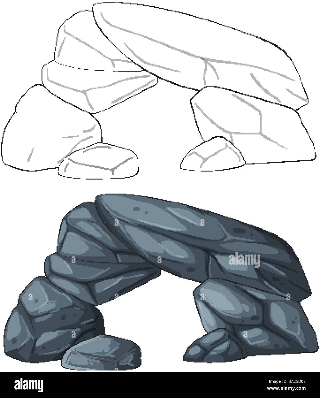 Illustrazione vettoriale dettagliata di un arco in pietra, che mostra sia il contorno che le versioni colorate. Ideale per progetti didattici e di progettazione Illustrazione Vettoriale