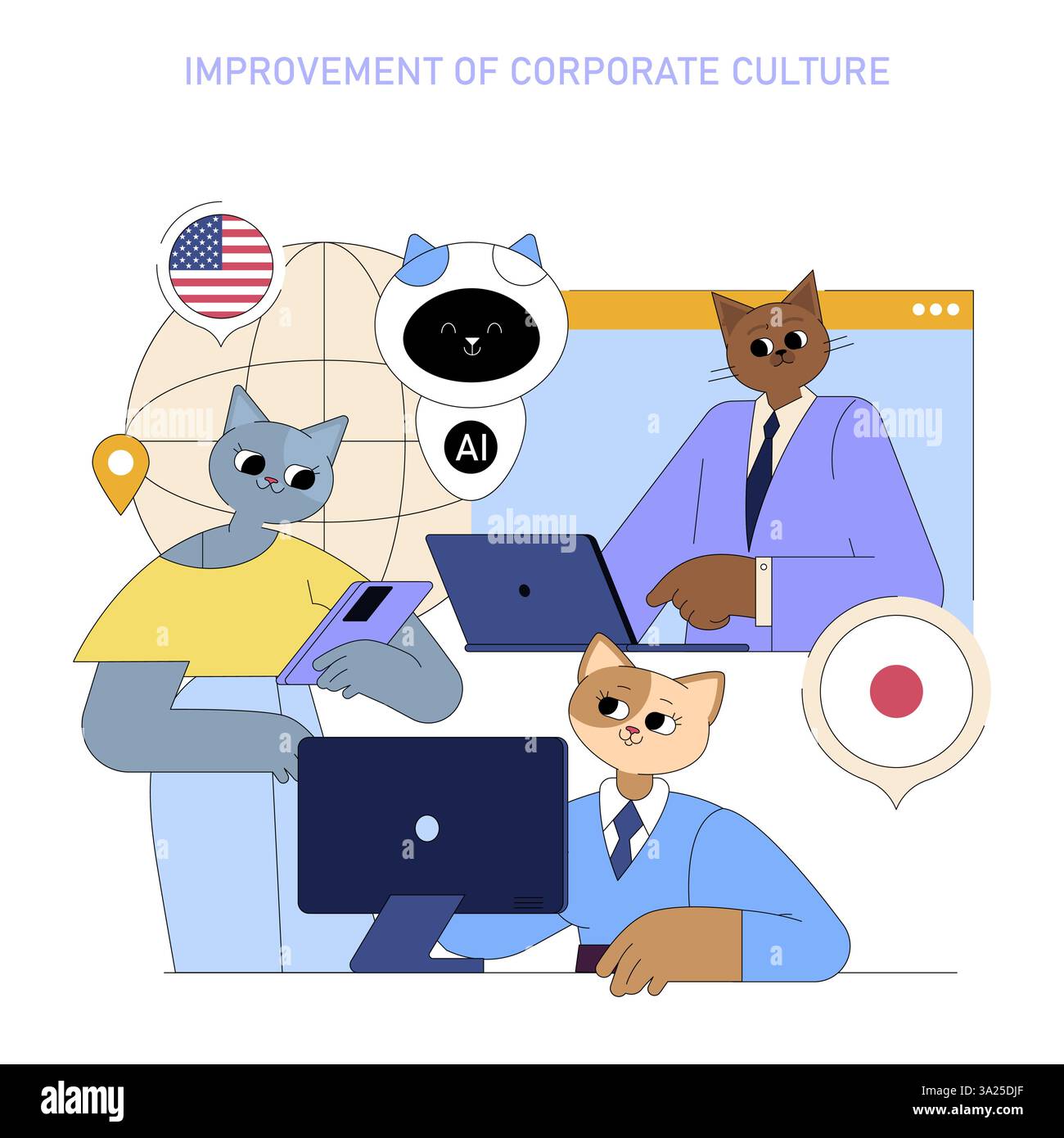 Il ruolo dell'INTELLIGENZA ARTIFICIALE nel migliorare la cultura aziendale all'interno di contesti aziendali globali. Coinvolgere i personaggi che collaborano attraverso la tecnologia enfatizzano l'innovazione, la diversità e la connessione. Illustrazione Vettoriale