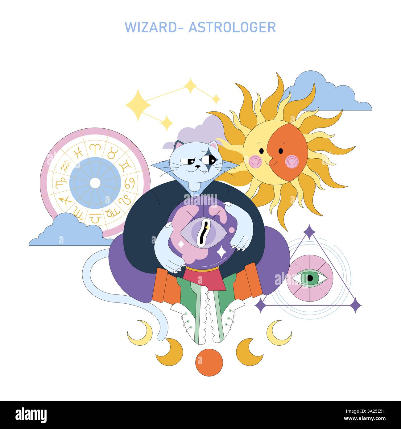 Concetto Wizard-Astrologer. Un personaggio bizzarro di gatto abbraccia l'astrologia con simboli come lune, soli e ruote zodiacali. Questa illustrazione cattura l'essenza mistica della fortuna e dell'intuizione cosmica. Illustrazione vettoriale. Illustrazione Vettoriale