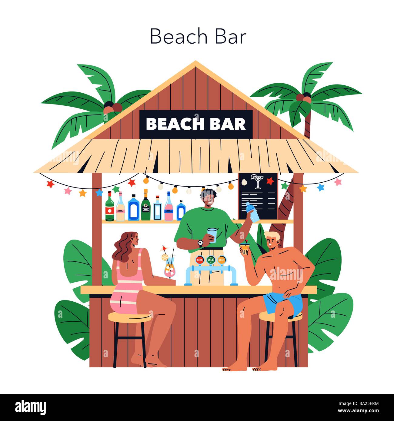 Illustrazione del Beach Bar. Gustate cocktail rinfrescanti e socializzate sotto le palme in un bar sulla spiaggia. Un barista serve bevande agli ospiti che si rilassano e si rilassano, catturando l'essenza di una fuga tropicale. Illustrazione vettoriale. Illustrazione Vettoriale