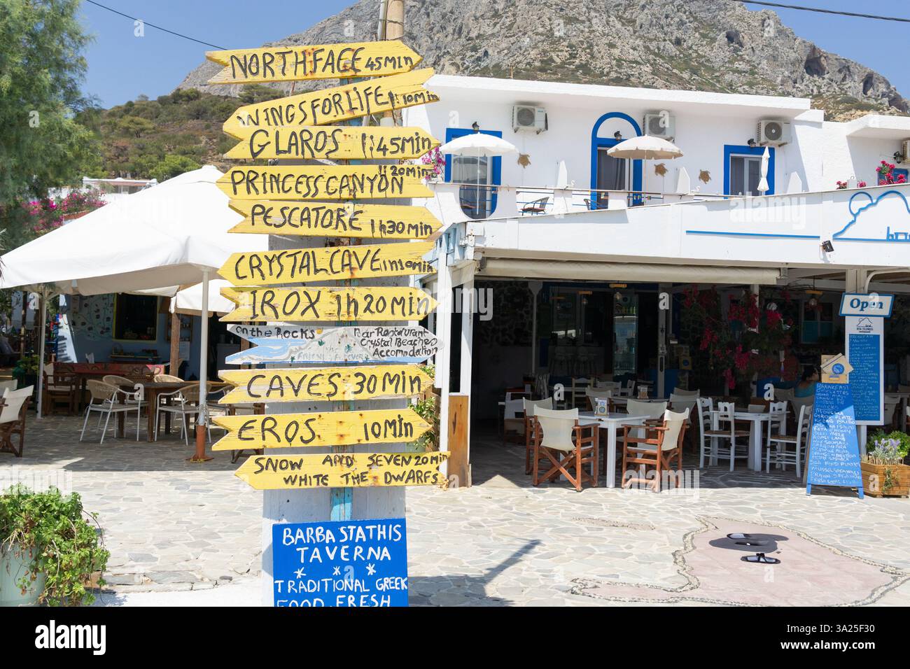 Telendos Grecia - agosto 29 2024; scena di villaggio di Telendos su piccola isola con rustico cartello giallo che indica le indicazioni per vari punti turistici sull'isla Foto Stock