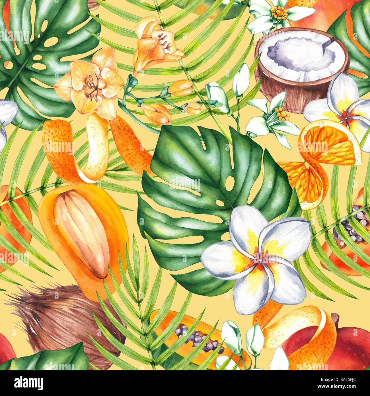 Motivo di fiori di cocco ad acquerello. Motivo floreale senza cuciture con frutta per imballaggio, tessuto, berddesign, ecc. Papaya, monstera, mango, arancia, libera Foto Stock