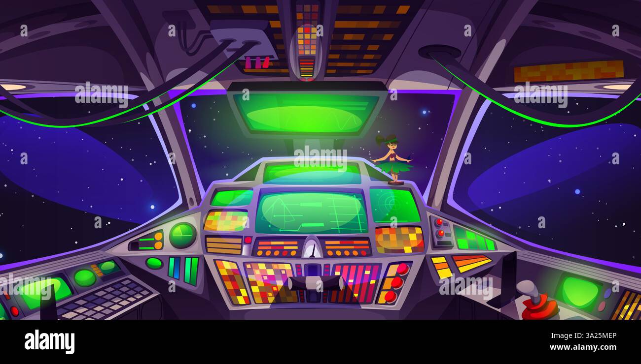 Futuristica cabina di pilotaggio dell'astronave fantascientifica. Pannelli di controllo illuminati, pulsanti e leve per la navigazione su veicoli spaziali. Ampio parabrezza con vista cosmica. Sedili pilota all'interno di un veicolo intergalattico. Illustrazione Vettoriale