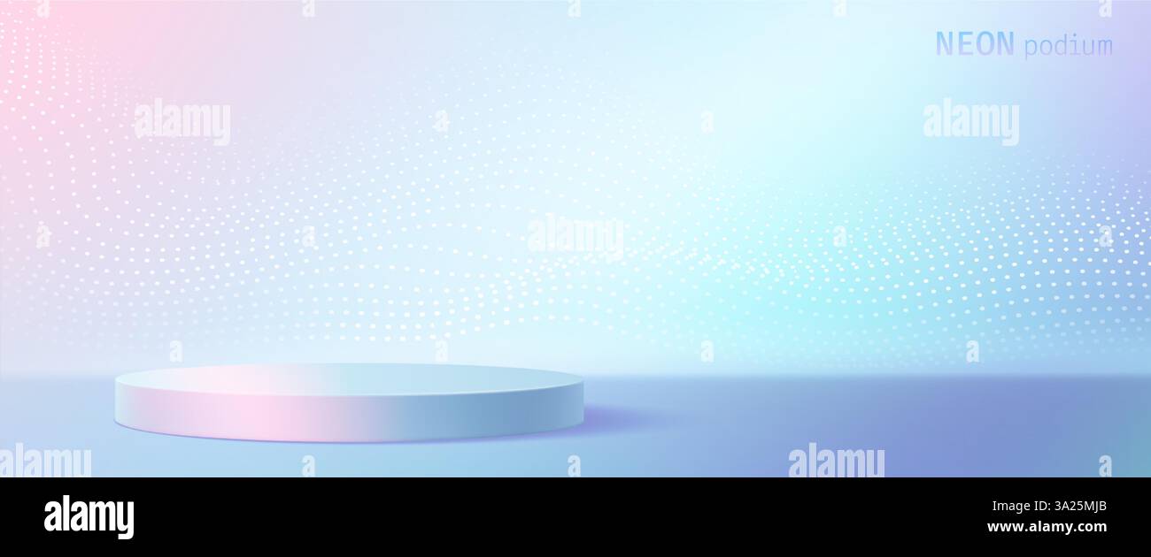 Podio circolare con ologramma su sfondo pastello gradiente - platea blu rosa 3d con motivo tratteggiato, futuristico piedistallo rotondo, spazio di presentazione colorato al neon, piedistallo per vetrina digitale. Illustrazione Vettoriale