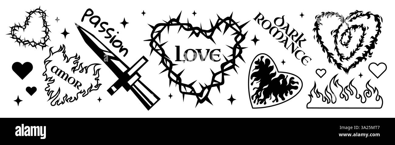 Disegni di tatuaggi gotici a forma di cuore fiamma - passione, amore, romanticismo simboli scuri. Forma di pugnale ardente, silhouette centrale spinosa, ornamenti dai bordi ardenti, set vettoriale di motivi fiammeggianti per le coppie. Illustrazione Vettoriale