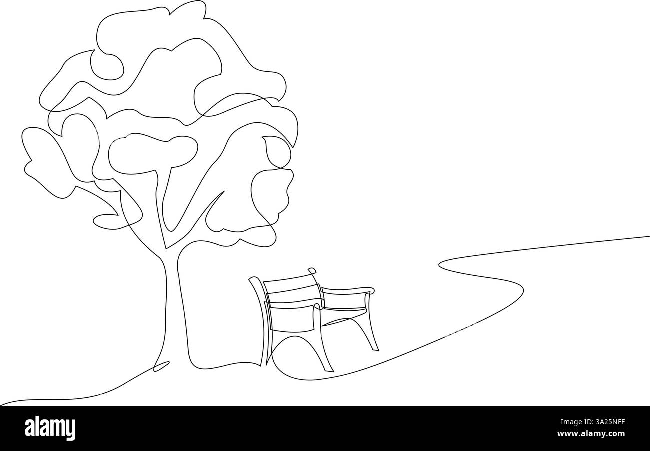 Panca in legno su un sentiero in pareggio disegno in linea continua. Posto disegnato a una linea per rilassarsi nella natura. Concetto di tranquillità artistica su una linea. Illustrazione vettoriale Illustrazione Vettoriale