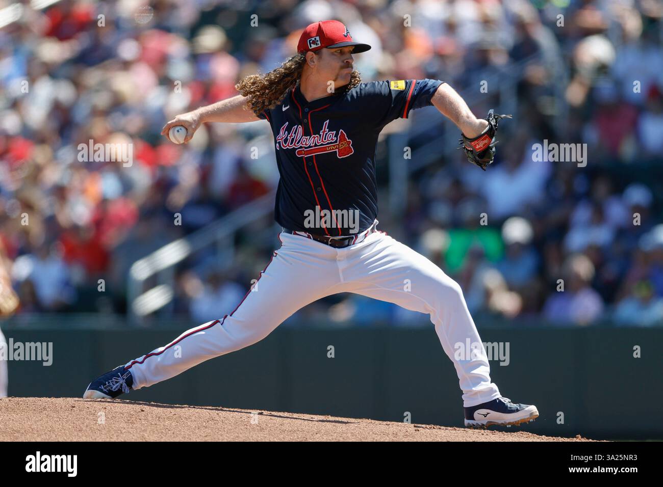 North Port FL USA; il lanciatore degli Atlanta Braves Hayden Harris (63) fa un pitch durante una partita di allenamento primaverile della MLB contro i Detroit Tigers al CoolToday Park. I Tigers batterono i Braves per 3-1. (Kim Hukari/immagine dello sport) Foto Stock