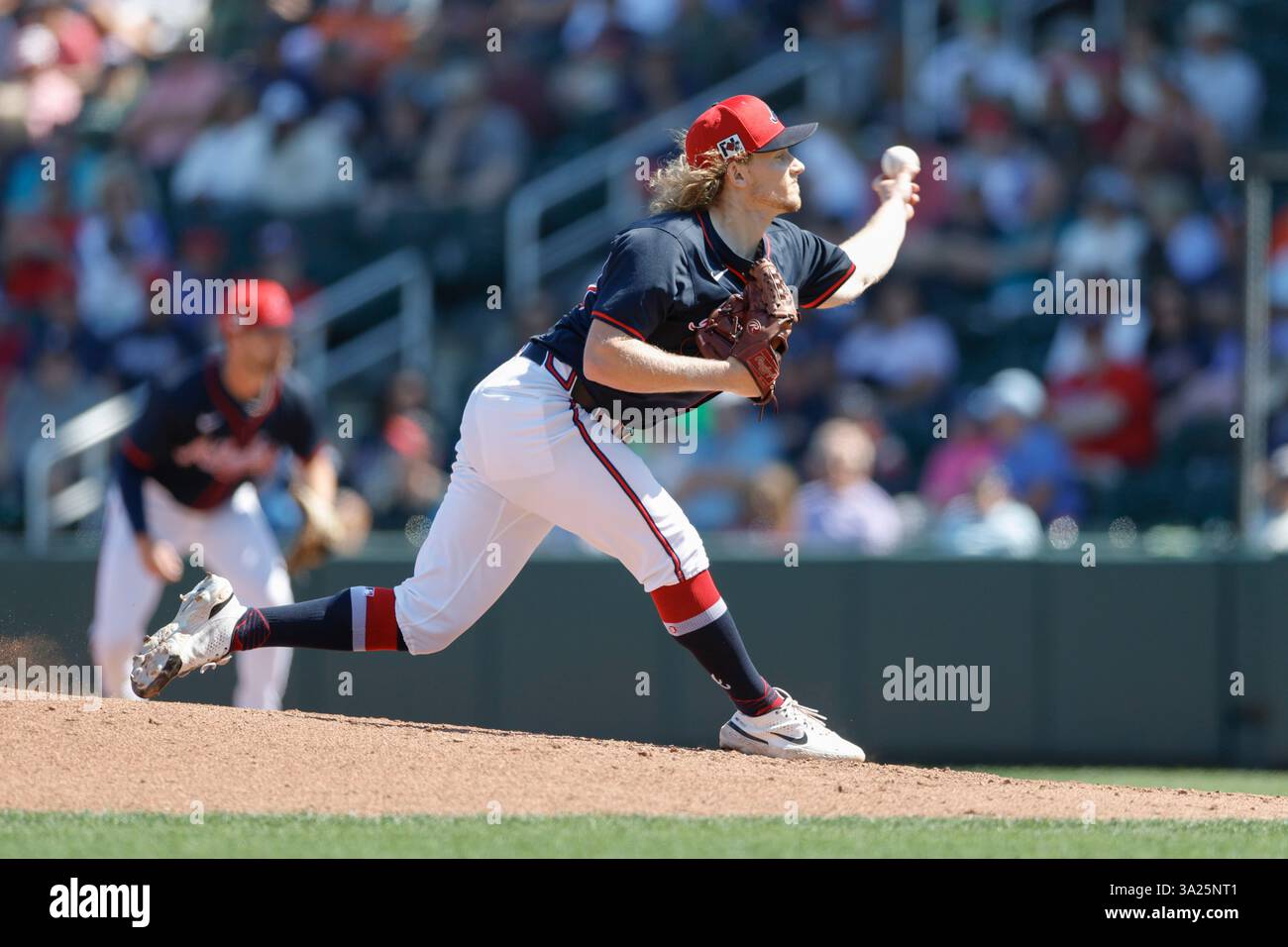 North Port FL USA; il lanciatore degli Atlanta Braves Hayden Harris (99) fa un pitch durante una partita di allenamento primaverile della MLB contro i Detroit Tigers al CoolToday Park. I Tigers batterono i Braves per 3-1. (Kim Hukari/immagine dello sport) Foto Stock