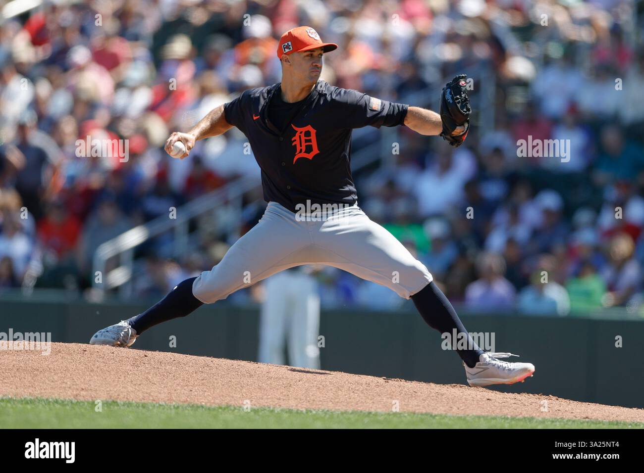 North Port FL USA; il lanciatore dei Detroit Tigers Jack Flaherty (9) fa un pitch durante una partita di allenamento primaverile della MLB contro gli Atlanta Braves al CoolToday Park. I Tigers batterono i Braves per 3-1. (Kim Hukari/immagine dello sport) Foto Stock