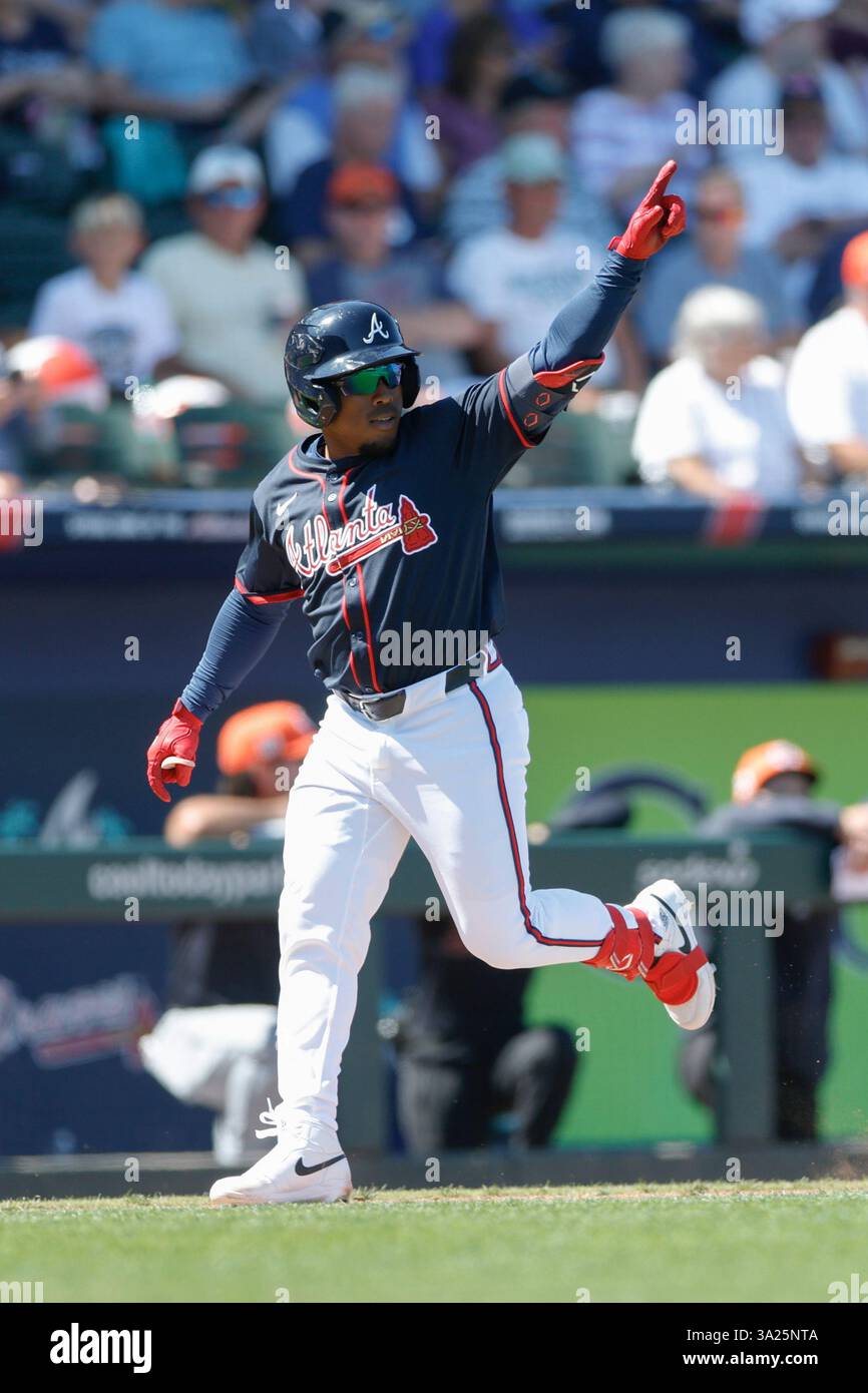 North Port FL USA; gli Atlanta Braves designarono il battitore Geraldo Quintero (88) come fuoricampo sinistro durante una partita di allenamento primaverile della MLB contro i Detroit Tigers al CoolToday Park. I Tigers batterono i Braves per 3-1. (Kim Hukari/immagine dello sport) Foto Stock