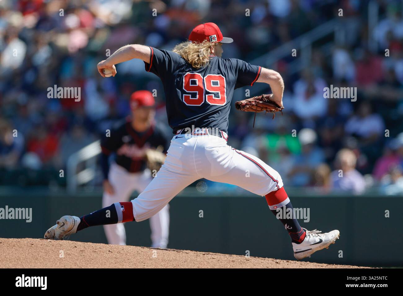 North Port FL USA; il lanciatore degli Atlanta Braves Hayden Harris (99) fa un pitch durante una partita di allenamento primaverile della MLB contro i Detroit Tigers al CoolToday Park. I Tigers batterono i Braves per 3-1. (Kim Hukari/immagine dello sport) Foto Stock