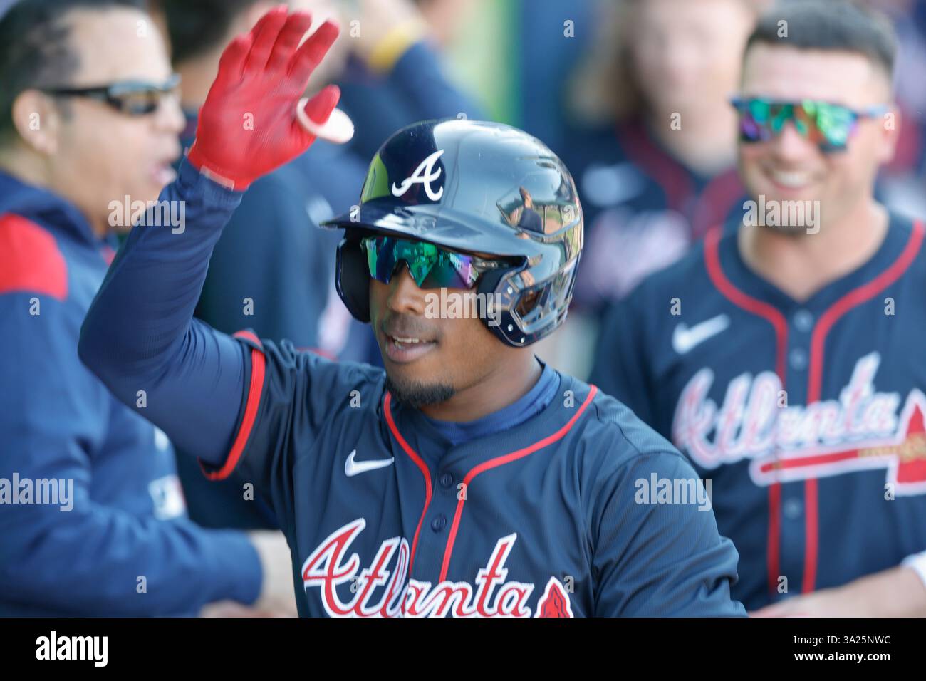 North Port FL USA; gli Atlanta Braves designarono il battitore Geraldo Quintero (88) come fuoricampo sinistro durante una partita di allenamento primaverile della MLB contro i Detroit Tigers al CoolToday Park. I Tigers batterono i Braves per 3-1. (Kim Hukari/immagine dello sport) Foto Stock