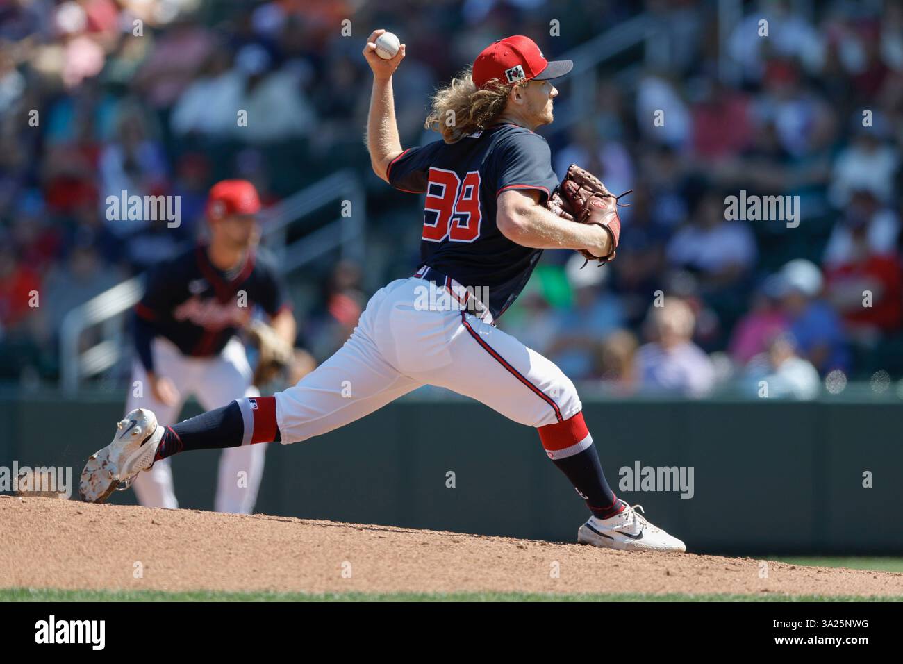 North Port FL USA; il lanciatore degli Atlanta Braves Hayden Harris (99) fa un pitch durante una partita di allenamento primaverile della MLB contro i Detroit Tigers al CoolToday Park. I Tigers batterono i Braves per 3-1. (Kim Hukari/immagine dello sport) Foto Stock