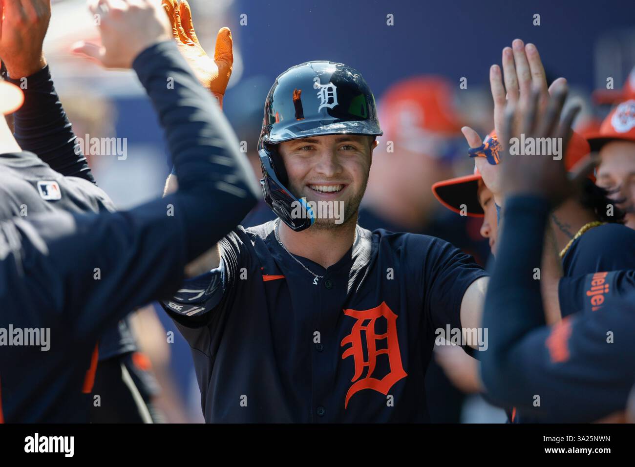 North Port FL USA; la terza base dei Detroit Tigers Jace Jung (17) fa ritorno sul campo destro durante una partita di allenamento primaverile della MLB contro gli Atlanta Braves al CoolToday Park. I Tigers batterono i Braves per 3-1. (Kim Hukari/immagine dello sport) Foto Stock