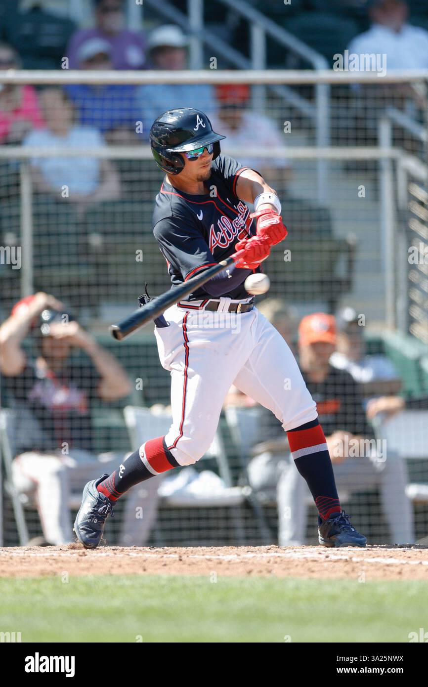 North Port FL USA; Atlanta Braves, seconda base Cal Conley (95), si schierò in campo destro durante un allenamento primaverile della MLB contro i Detroit Tigers al CoolToday Park. I Tigers batterono i Braves per 3-1. (Kim Hukari/immagine dello sport) Foto Stock