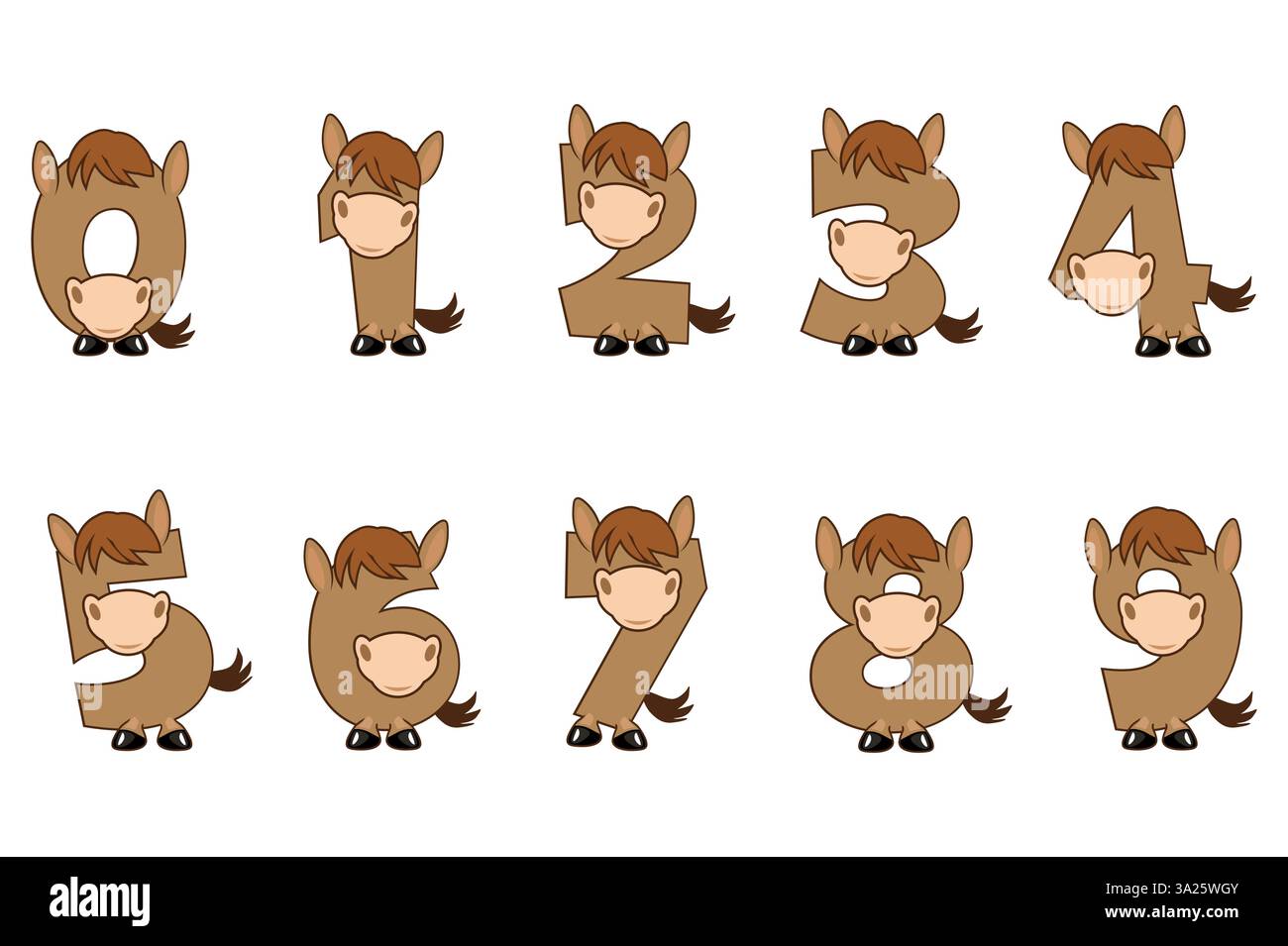 Numeri del cavallo del personaggio divertente, figure da 0 a 9. Cartone animato di numeri con un concetto di animale. Calligrafia, lettere, tipografia per le schede didattiche o. Illustrazione Vettoriale