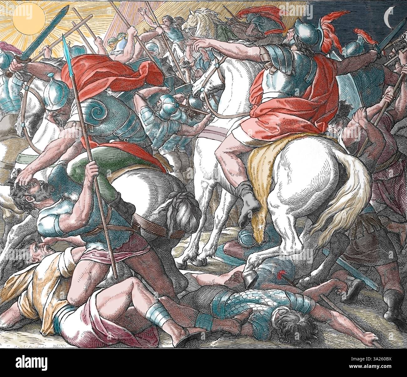 Bibbia. Il Sole e la Luna stanno fermi. Libro di Joshua. Illustrazione di J. Schnorr von Carolsfeld. "La Bibbia dei quadri", 1852-60. Foto Stock