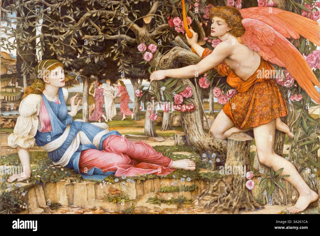 John Roddam Spencer Stanhope, Love and the Maiden, pittura ad olio e foglia d'oro su tela, 1877 Foto Stock