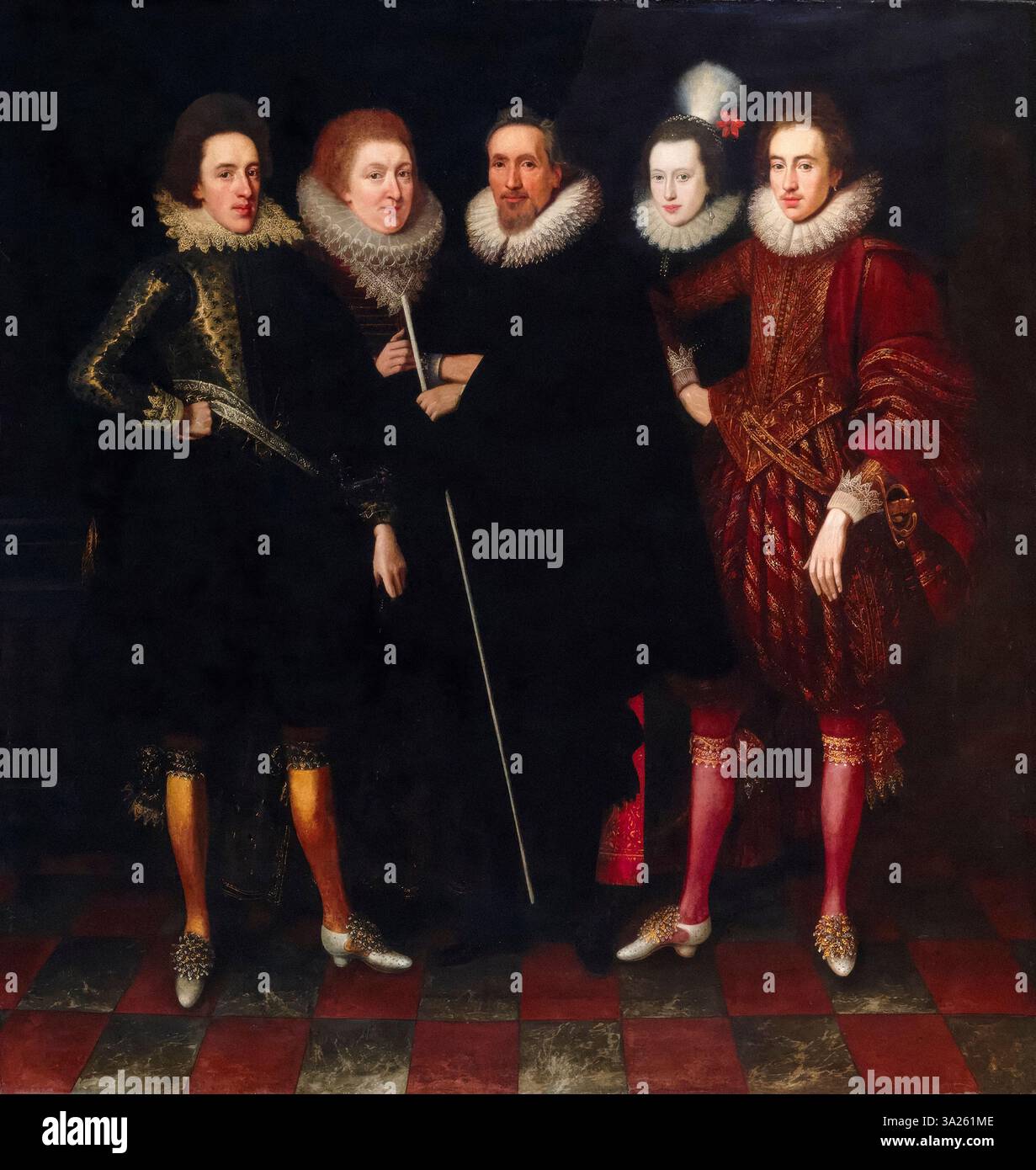 Robert Carey (circa 1560-1639), i conte di Monmouth, nobile e cortigiano inglese e la sua famiglia, ritratto a olio su tela di Paul van Somer (attribuito), circa 1617 Foto Stock