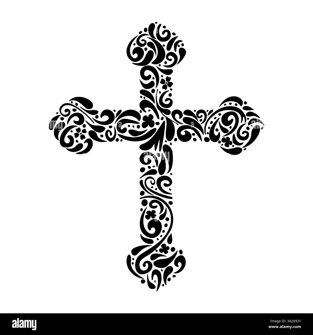 Croce decorativa, crocifisso con ornamento nero, disegno fatto a mano. Una stampa per stampare biglietti di Pasqua, poster e adesivi. Illustrazione vettoriale in stile doodle. Illustrazione Vettoriale