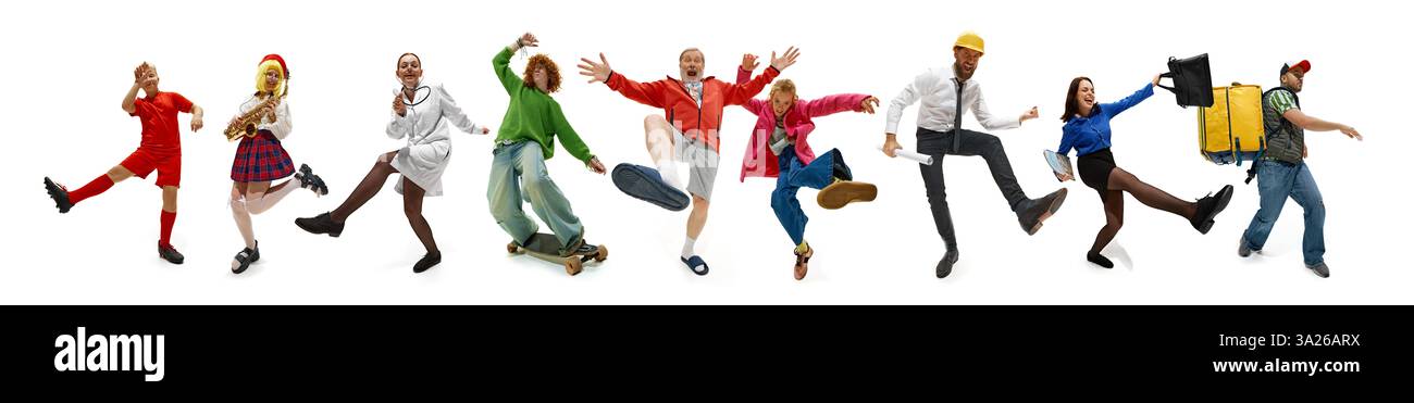 Gruppo eterogeneo di persone, tra cui musicisti, atleti, impiegati e corrieri coinvolti in movimenti espressivi, creando vivaci e colorate Foto Stock