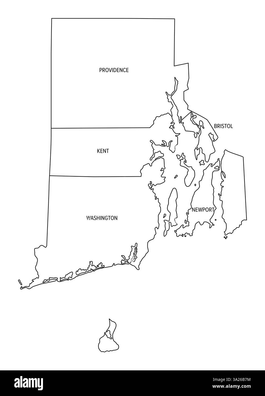 Stato del Rhode Island diviso in contee, delinea la mappa con le cinque contee di Bristol, Kent, Newport, Providence e Washington. Foto Stock
