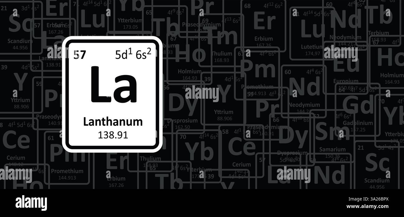 Lantanio, simbolo la, numero atomico 57. Si tratta di un elemento metallico bianco-argentato, duttile, flessibile, bianco-argentato. Elemento di terra rara o rar Foto Stock