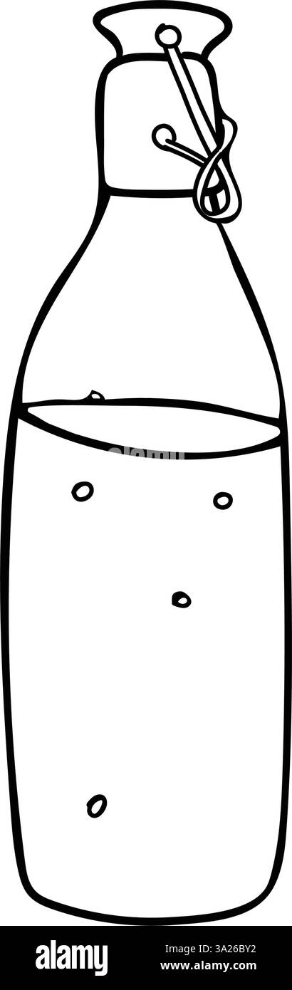 Bottiglie in vetro sodico o limonato con tappo in porcellana. Illustrazione della linea vettoriale di un drink estivo rinfrescante in stile Doodle isolato su uno sfondo Illustrazione Vettoriale