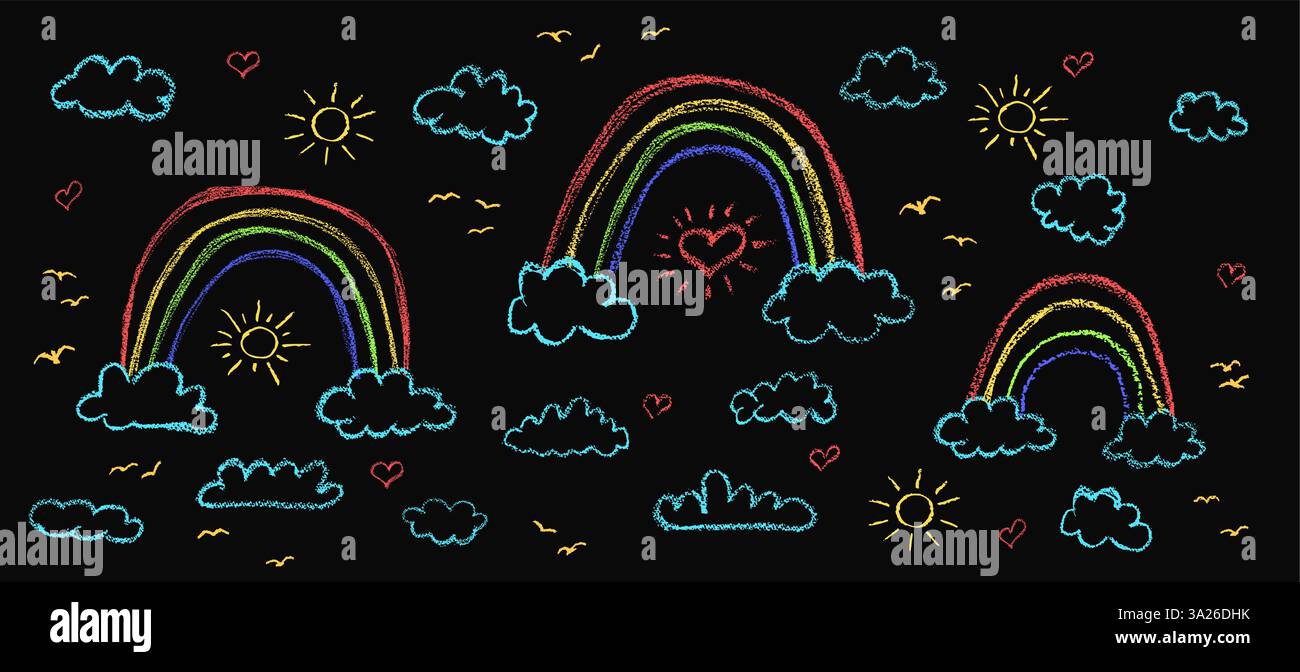 Set di nuvole astratte a matita e arcobaleno. Cartoon disegnato a mano cielo nuvoloso e sole. Collezione di illustrazioni vettoriali di cuori e uccelli colorati Illustrazione Vettoriale