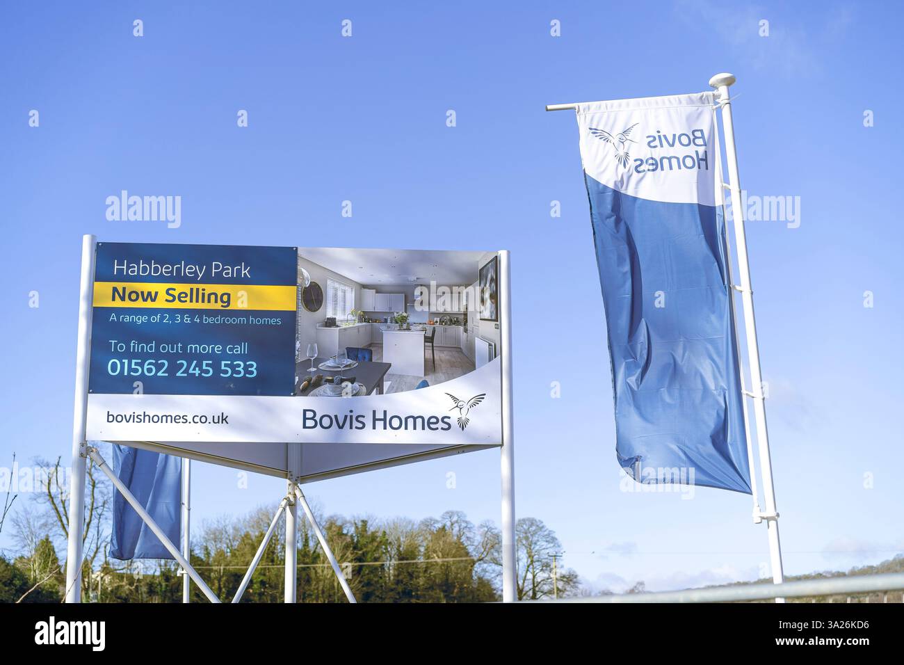 Primo piano cartellone / cartellone pubblicitario Bovis Homes nuovo sviluppo abitativo: Habberley Park nel Worcestershire insieme a logo marketing flag. Foto Stock
