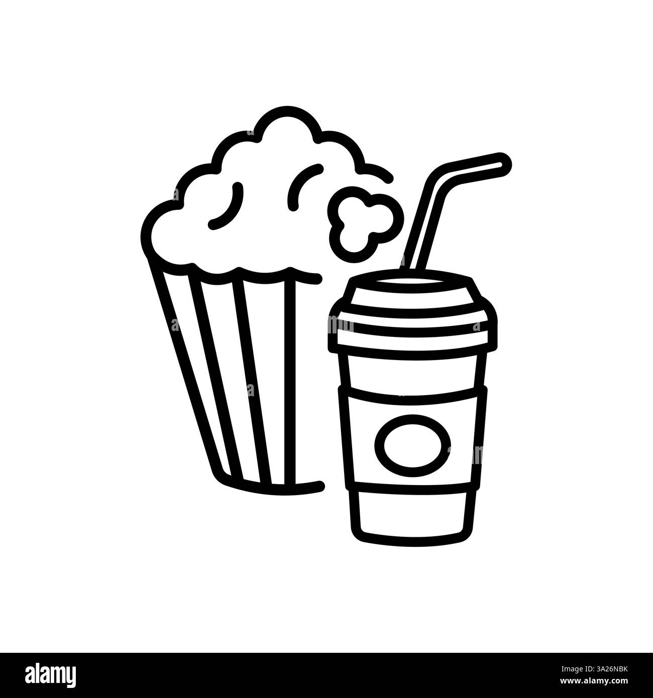 Icona linea popcorn e soda. Gustosi popcorn in una grande scatola di carta e bibita fresca in un bicchiere di carta. Spuntini per guardare film. Riga illustrazione vettoriale desi Illustrazione Vettoriale