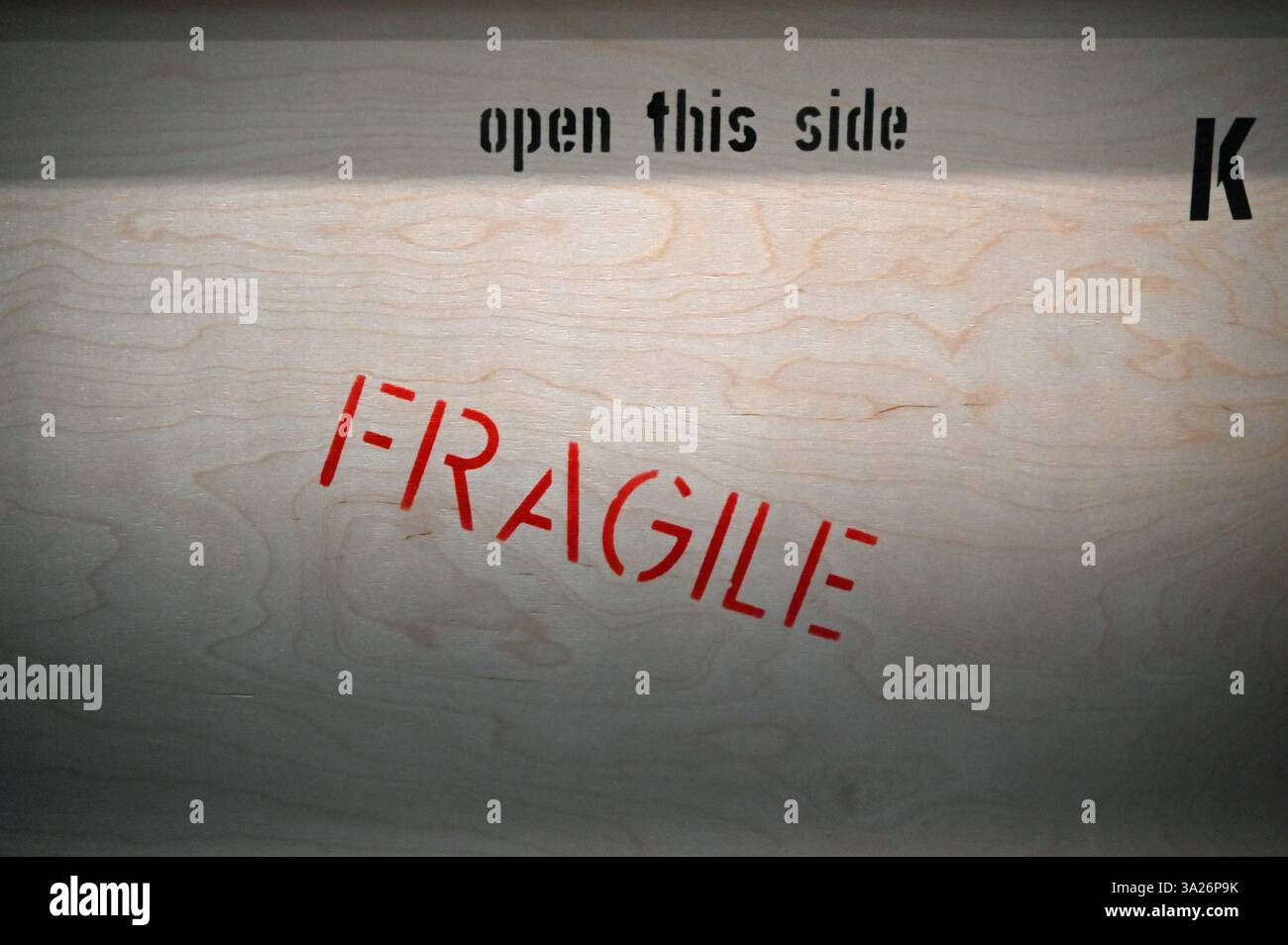 Zwickau, Germania. 11 marzo 2025. La parola "fragile" è scritta sulla parte anteriore di una scatola di trasporto nelle collezioni d'arte di Zwickau. Il Max Pechstein Museum di Zwickau chiuderà per almeno quattro anni a causa di lavori di ristrutturazione. Ciò significa che innumerevoli opere d'arte dovranno essere trasferite. Durante questo periodo saranno in tour ben 180 opere che verranno prestate ad altri musei. Credito: ELISA Schu/dpa/Alamy Live News Foto Stock