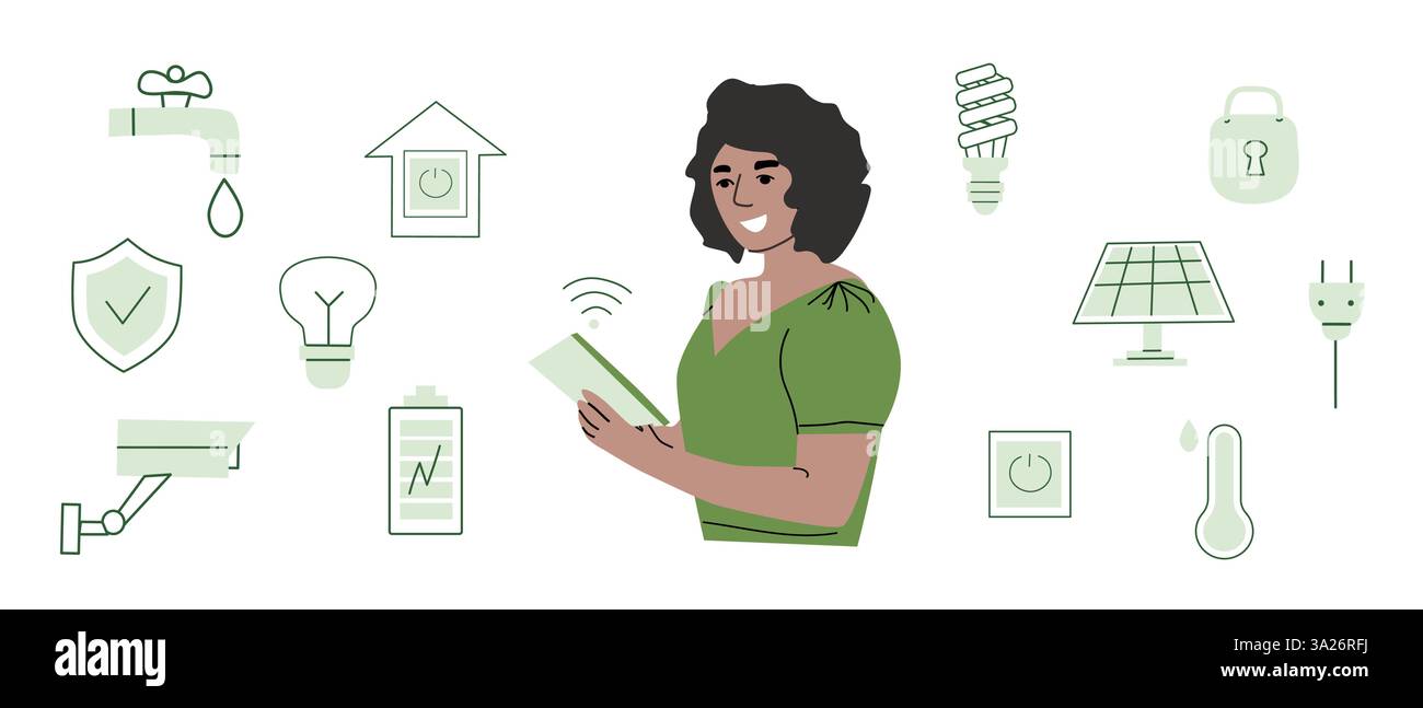 Tecnologia per la casa intelligente e automazione con le persone per un design moderno. Illustrazione Vettoriale