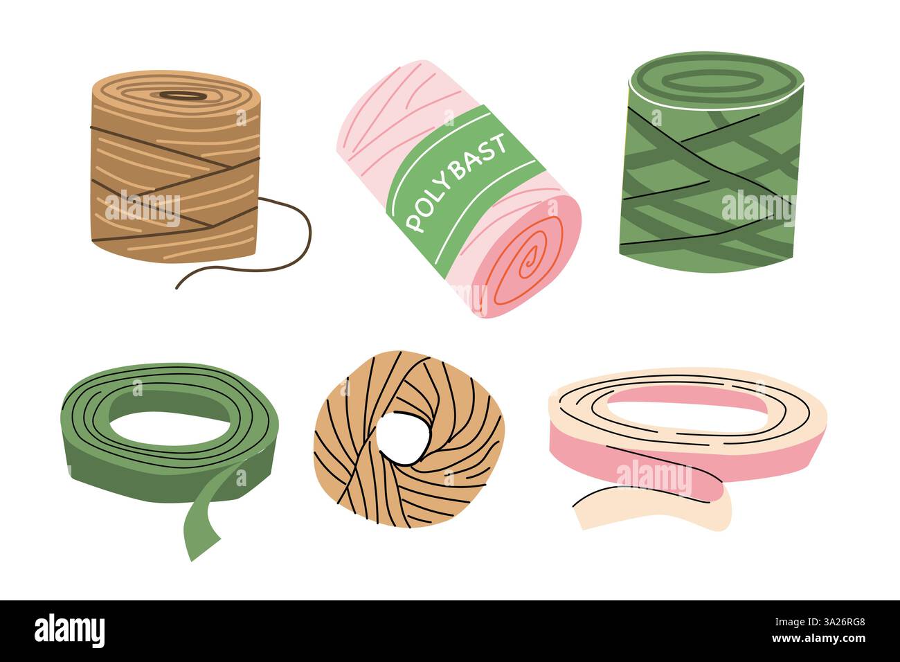 Attrezzature floreali essenziali, tra cui materiali e nastri per l'imballaggio, strisce floreali in schiuma, polisast per forniture floreali. Illustrazione Vettoriale