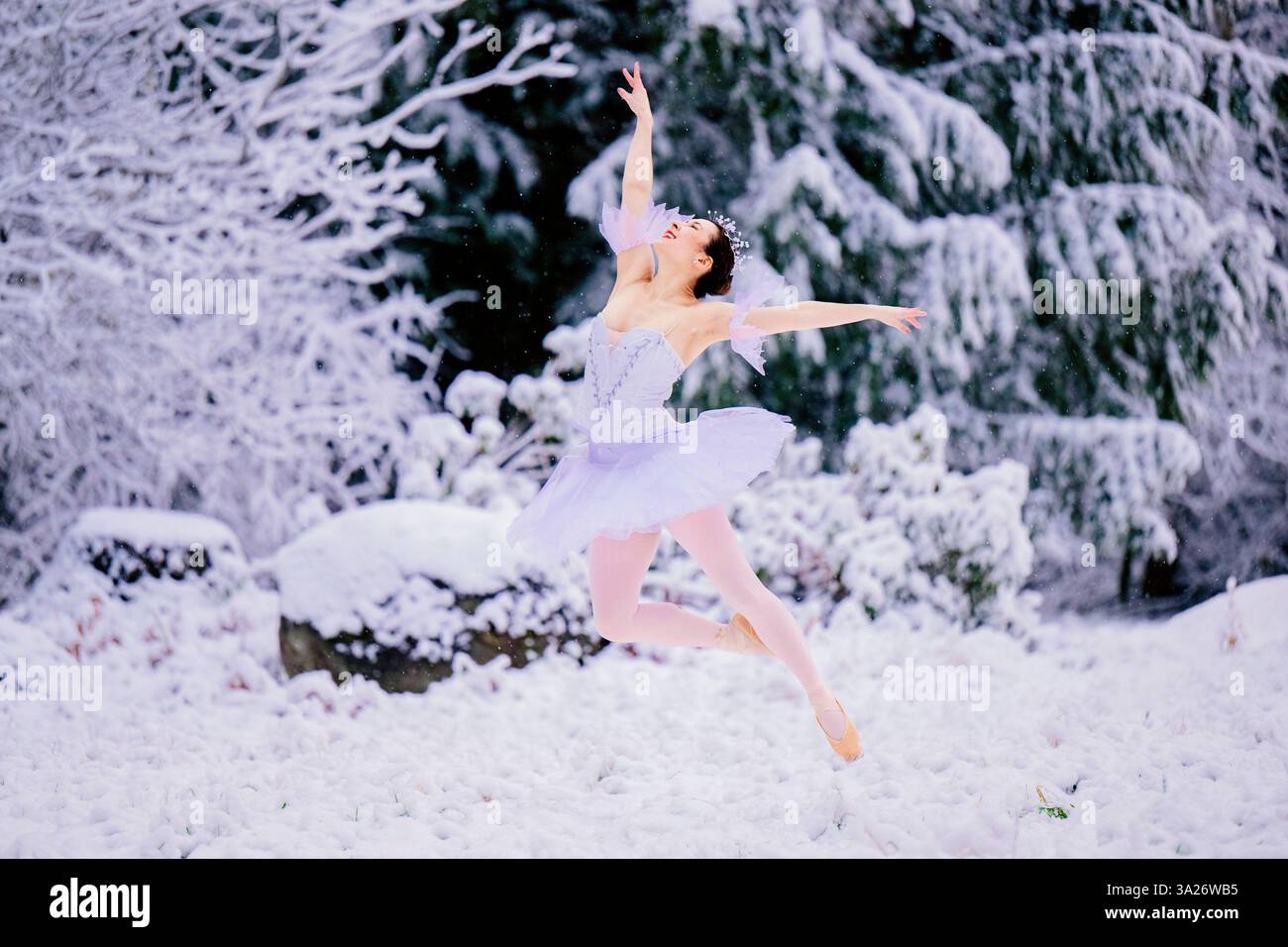 Ballerina che esegue un grazioso salto in una foresta invernale innevata. WASHINGTON, STATI UNITI Foto Stock