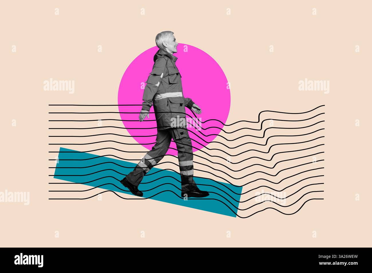 Modello di schizzo composito di tendenza collage fotografico 3D di medico ospedaliero cura del medico malattia assistenza sanitaria soccorritore uniforme donna anziana camminare Foto Stock