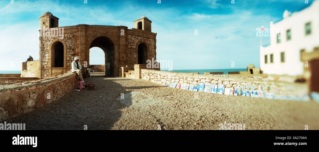 Vista panoramica sul bordo della Medina che si affaccia sulla costa atlantica, Essaouira, Marocco Foto Stock