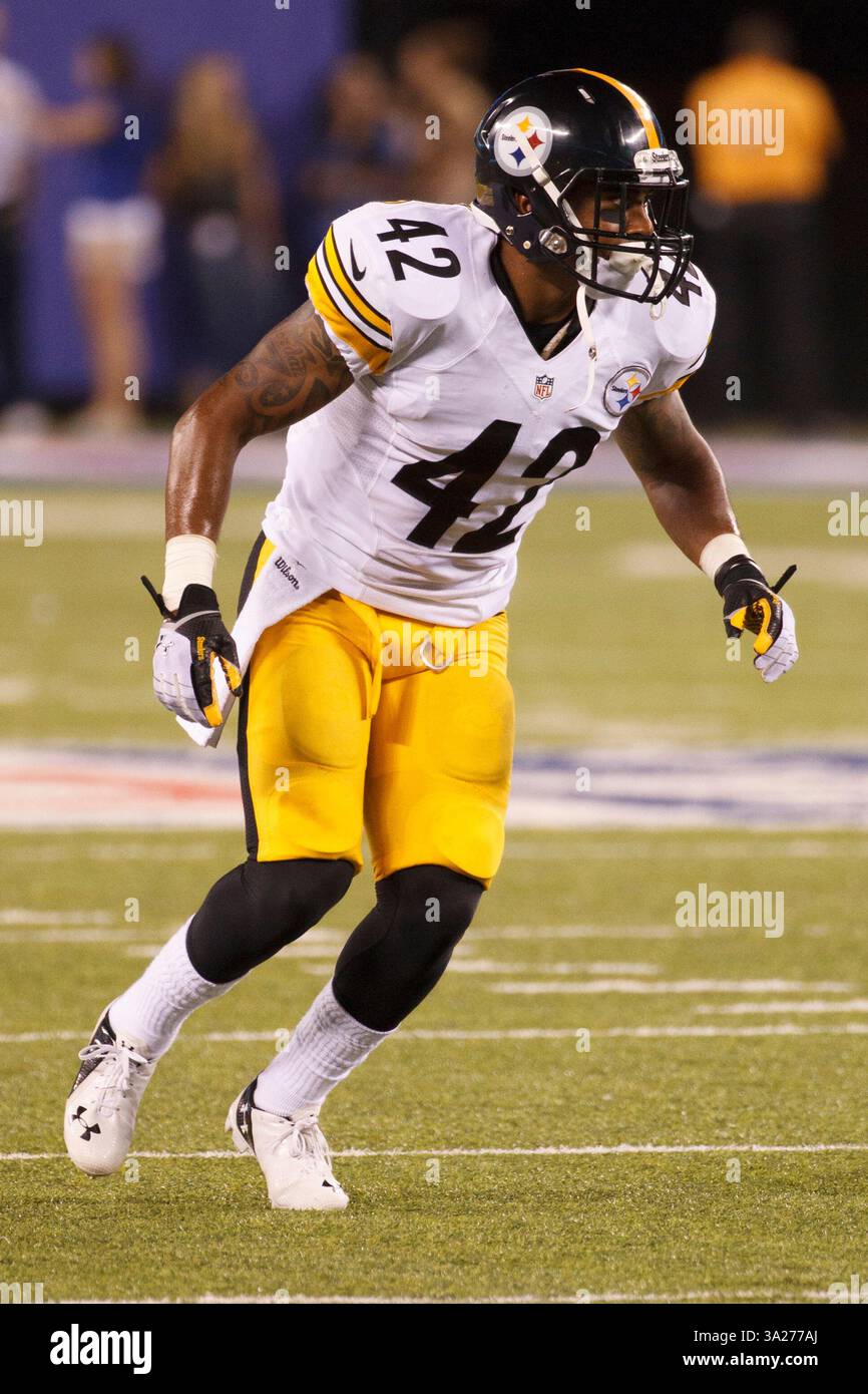 9 agosto 2014: Il defensive back dei Pittsburgh Steelers Jordan Dangerfield (42) in azione durante la gara di pre-stagione tra i Pittsburgh Steelers e i New York Giants al MetLife Stadium di East Rutherford, New Jersey. I Giants vinsero 20-16. (Christopher Szagola/Cal Sport Media)(immagine di credito: © Chris Szagola/Cal Sport Media/ZUMAPRESS.com) Foto Stock