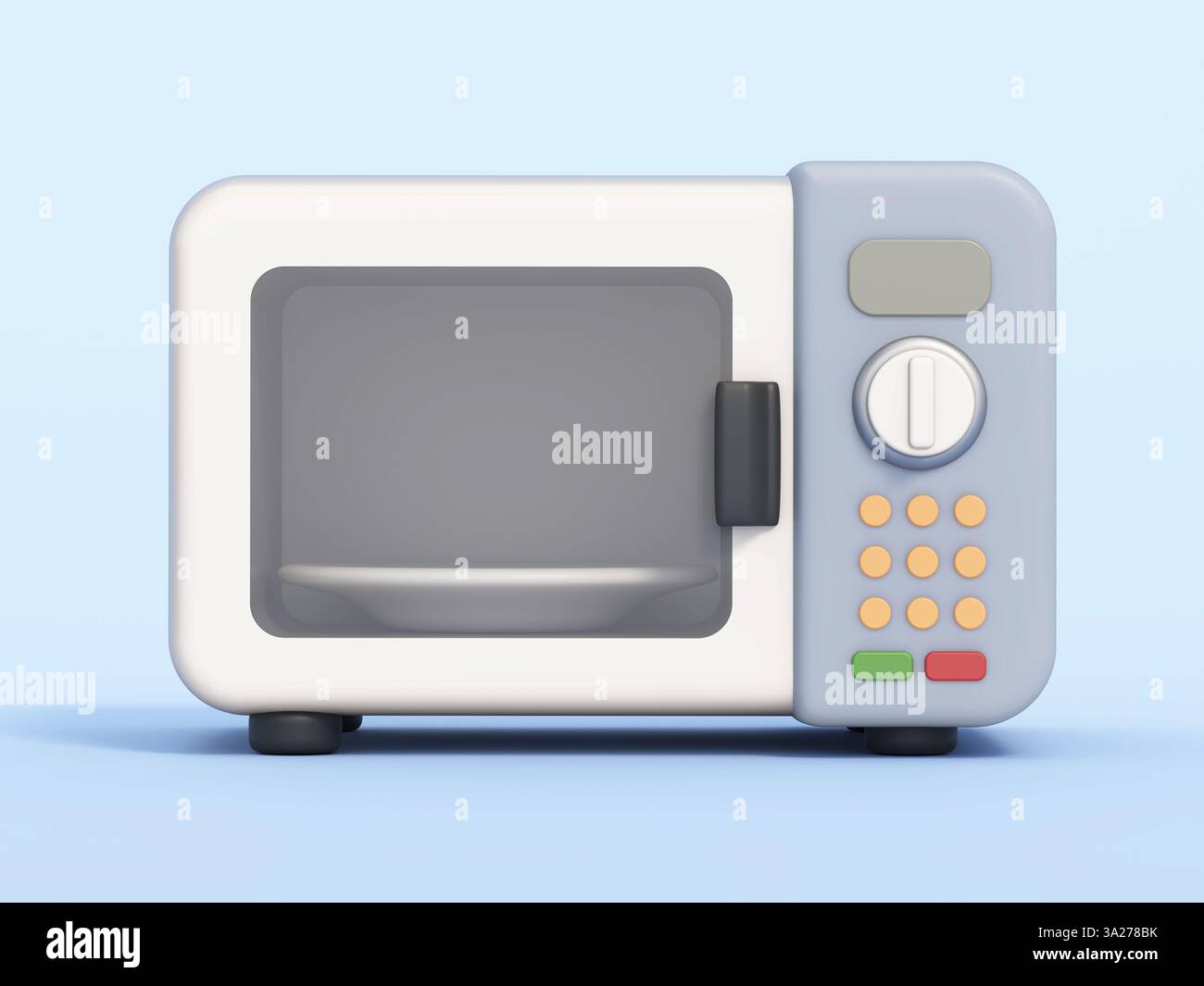 Forno a microonde a cartoni animati isolato su sfondo blu. Illustrazione 3D. Foto Stock
