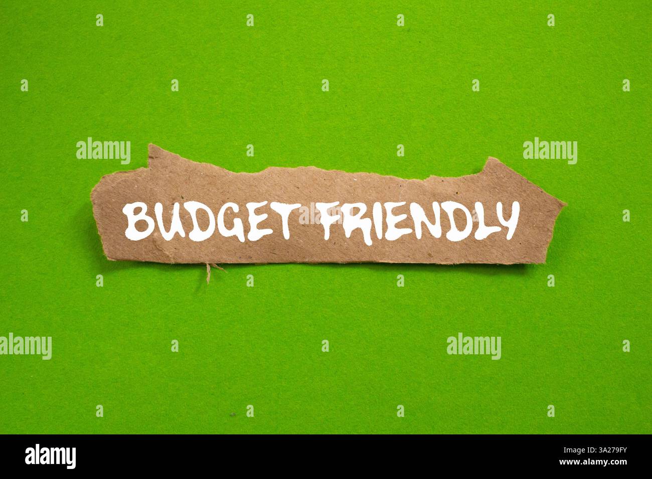 Messaggio economico scritto su un pezzo di carta marrone strappato su sfondo verde. Simbolo di budget concettuale. Copia spazio. Foto Stock