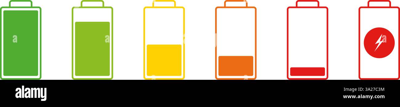 Set di icone del livello di carica della batteria. Indicatori di stato della batteria raccolta dei simboli. Illustrazione del vettore isolato Illustrazione Vettoriale