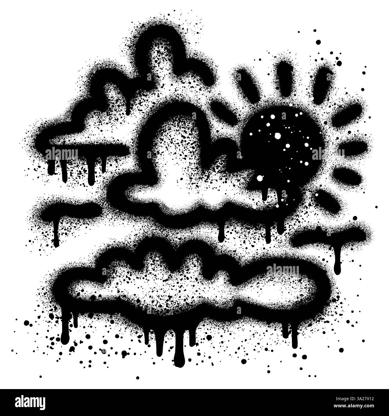 nuvole con sole in stile graffiti urbani con vernice spray nera. illustrazione vettoriale. Illustrazione Vettoriale