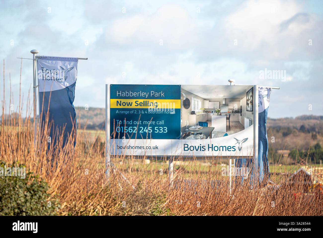 Bovis Homes cartello pubblicitario nuovo sviluppo immobiliare Habberley Park, Worcs, Regno Unito. Logo di marketing bandiera e nuove case in costruzione sullo sfondo. Foto Stock