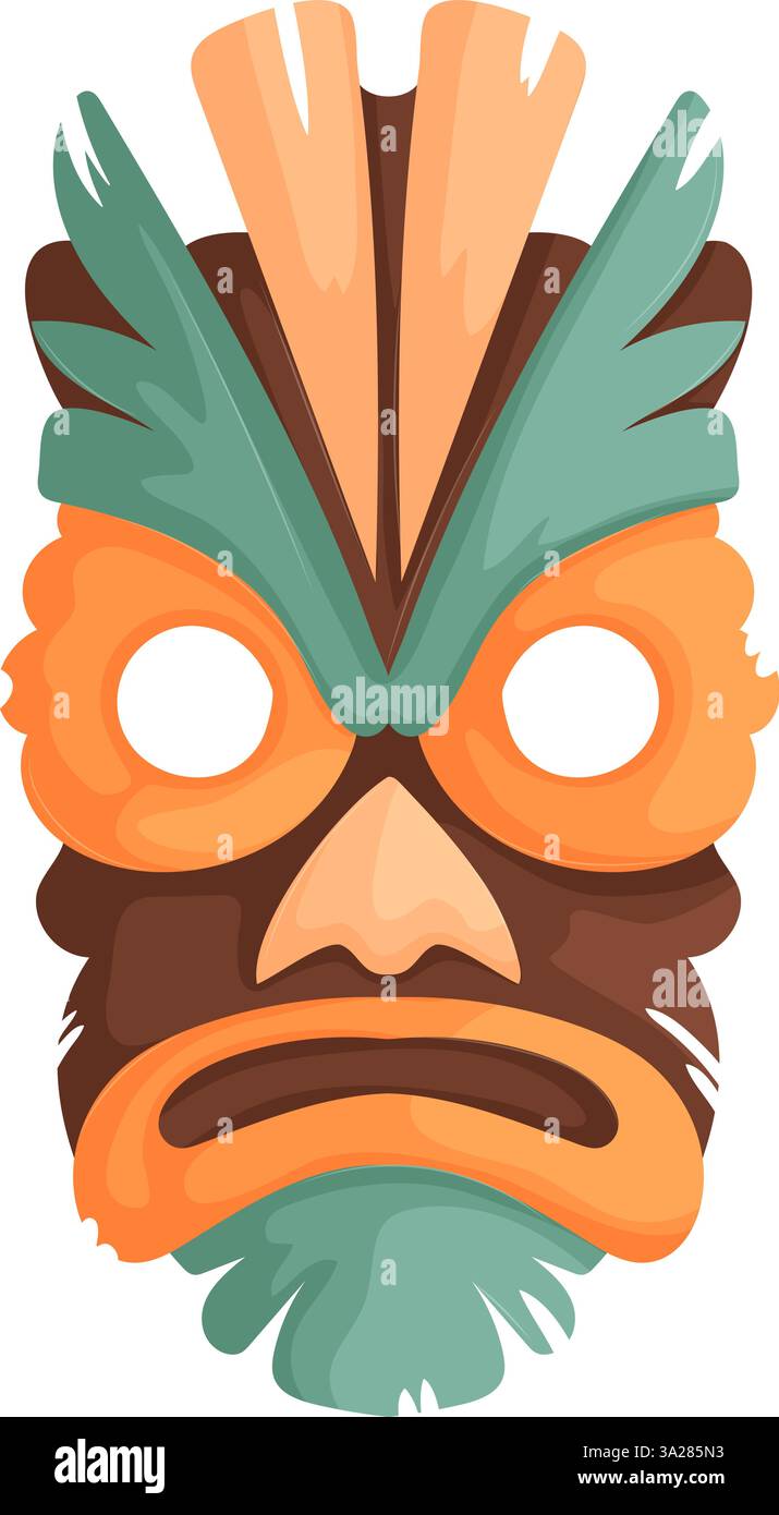 Illustrazione della maschera tribale stilizzata con audaci dettagli arancioni, turbolenti e marroni, con motivi intricati ed elementi espressivi del viso. Tri. Astratto Illustrazione Vettoriale